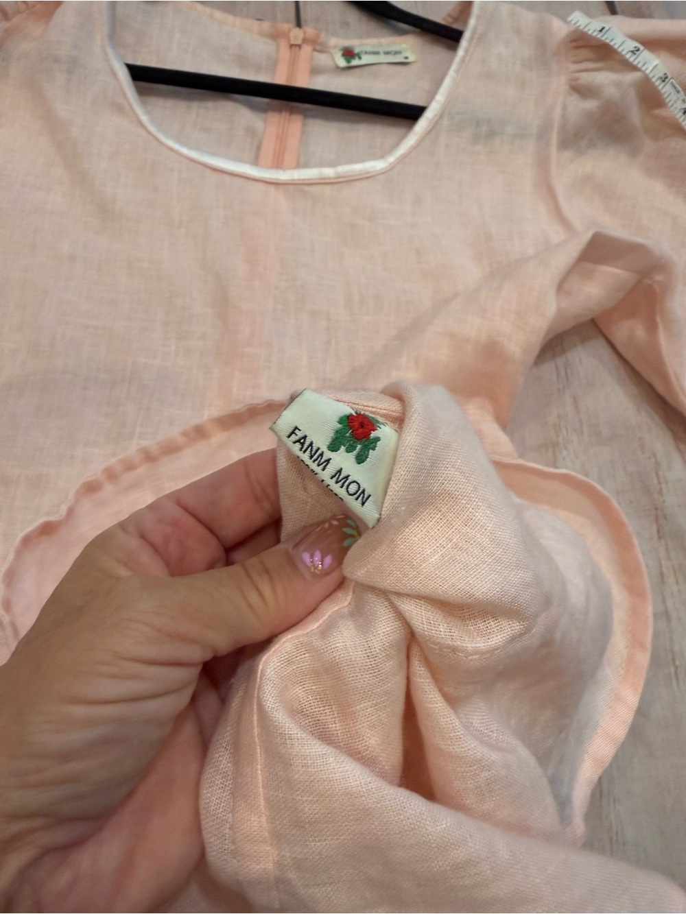 Fanm Mon Mardin Dress Women's Size M Peach 100% Linen Embroidered Puff Sleeve - Picture 10 of 10